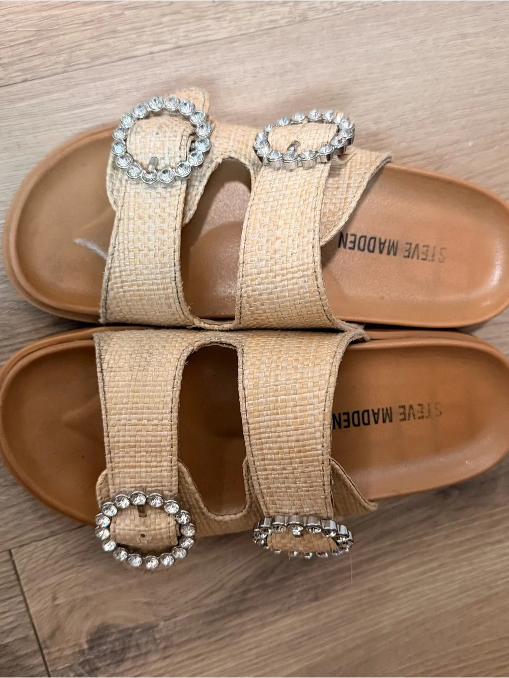 Steve Madden Natural Woven Slide Sandals with Crystal Buckles